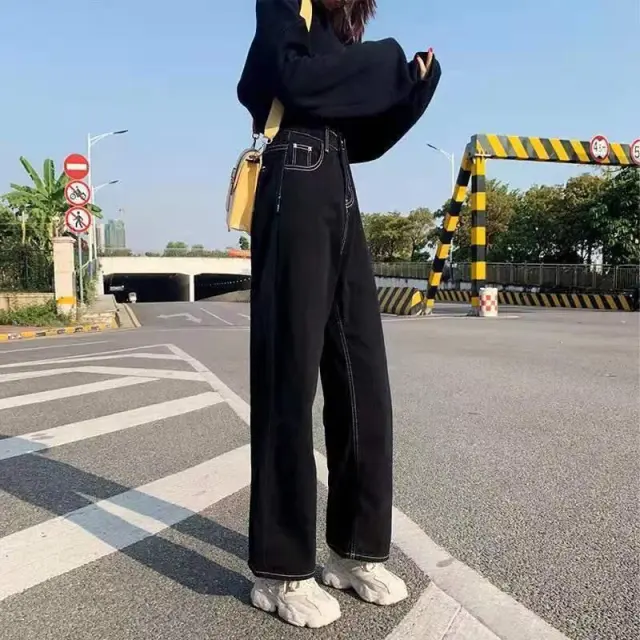 Black Wide leg Jeans Women's High Waist Straight Mopping Pants White Line - Shop at LoveMi