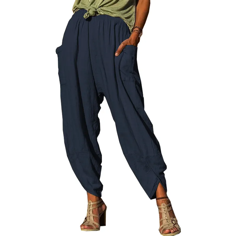 Women's Casual Bloomers Loose Cotton And Linen Trousers - Navy