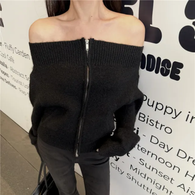 Women's Solid Color Retro Zipper Knitted Cardigan Off shoulder Sweater Black - Shop at LoveMi