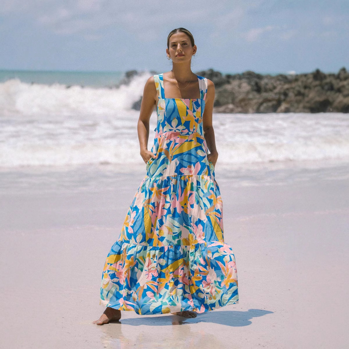 Womens Geometric Strap Bohemian Resort Maxi Dress Yellow - Shop at LoveMi