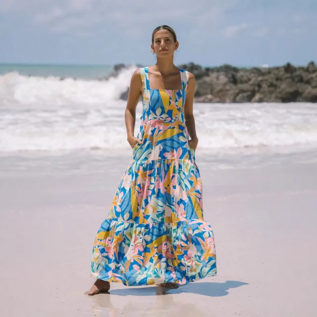 Womens Geometric Strap Bohemian Resort Maxi Dress Yellow - Shop at LoveMi