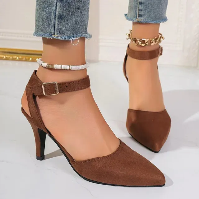 Pointed toe Square Buckle Shoes High Heels Fashion Khaki - Shop at LoveMi