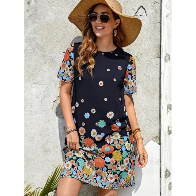Women's Printed Crew Neck Button Dress Navy - Shop at LoveMi