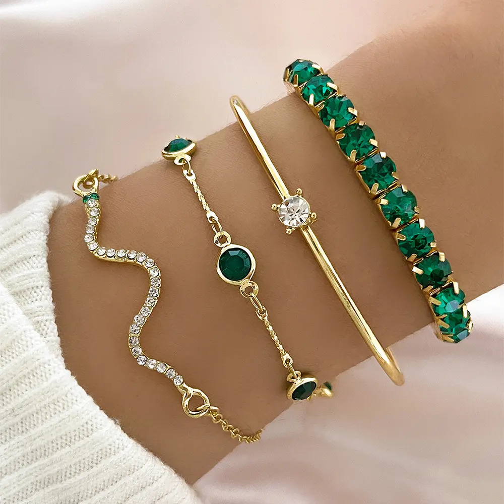 4pcs Bracelet Suit Fashion Green Grandmother Diamond Stretch Women's