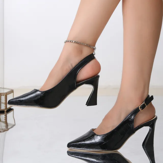 Pointed Toe Sandals For Women Large Size Mid Heel Ankle strap Buckle Pumps Black - Shop at LoveMi