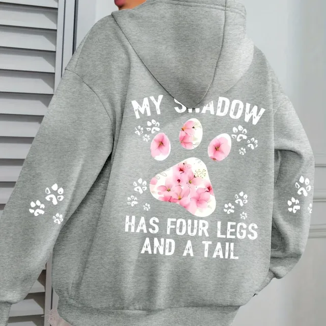 Paw Letter Print Hoodie Plus Size Casual Long Gray - Shop at LoveMi