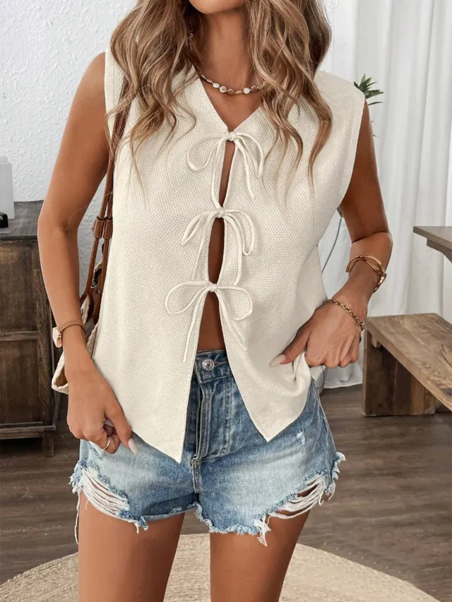 Casual Lace Up Bow Knitted Sleeveless Waistcoat Vest Apricot - Shop at LoveMi