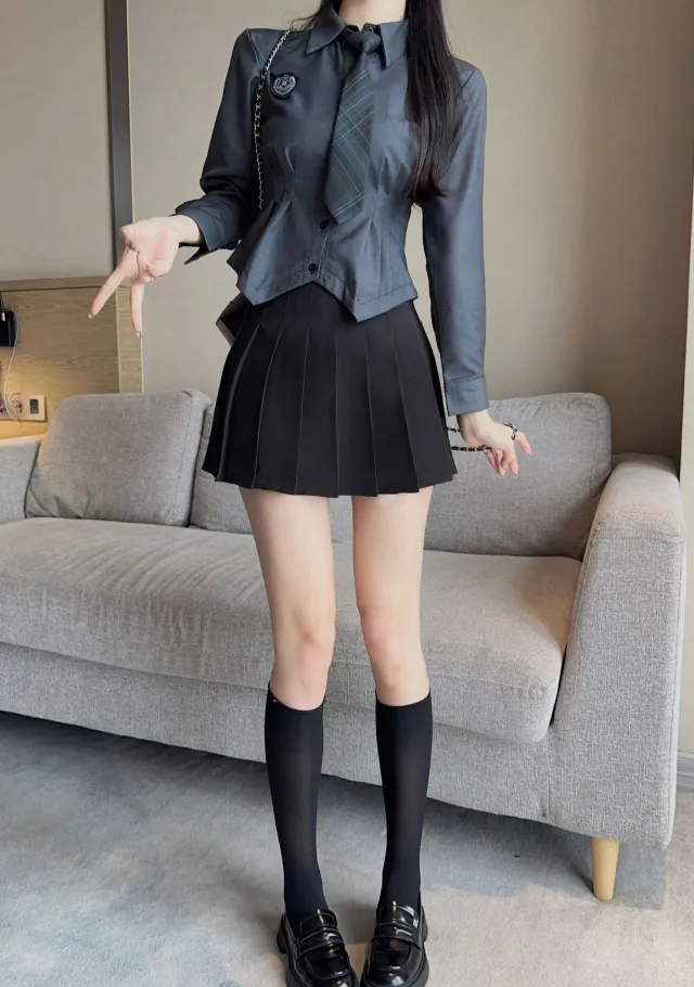 Jk Waist Trimming Shirt Women's Long sleeved Pleated Skirt Uniform Suit Gray Long Sleeve Tie - Shop at LoveMi