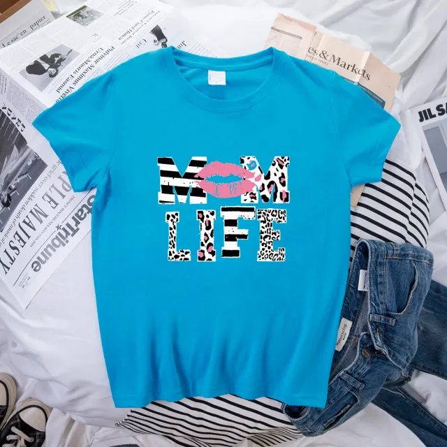 Mother's Day MOM LIFE Leopard Print Lip Printings Round Neck Short Sleeve T shirt Lake Blue - Shop at LoveMi