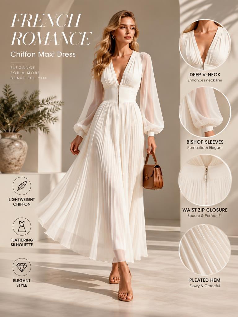 Women's Deep V-Neck Long-Sleeve Chiffon Dress With Puffed Sleeves F9fc0a6a 010b 460c B4a7 7a242fbf9fc6