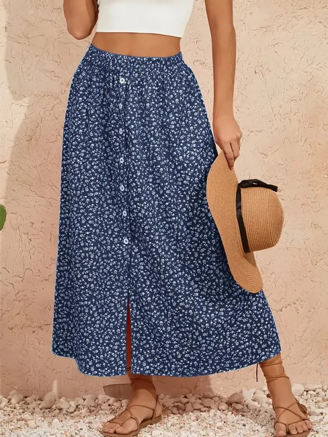 European And American Printed Breasted Self tie Summer Pastoral A Line Skirt Advanced Skirt Blue - Shop at LoveMi
