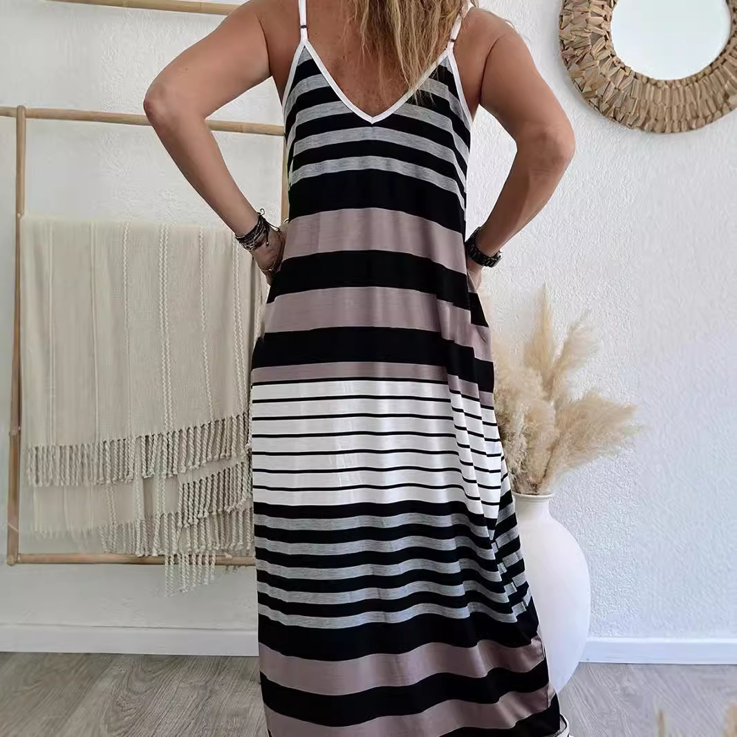 Loose Casual Low Cut Dress Striped Print