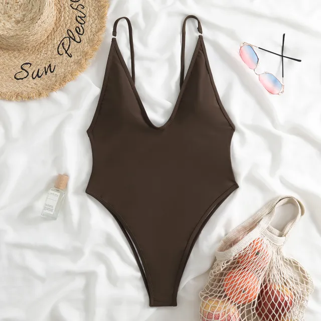 Fashion Suspenders One piece Swimsuit For Women Brown - Shop at LoveMi