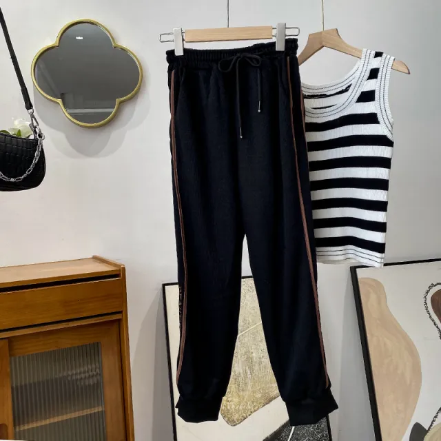 Letter Elastic Waist Straight Casual Pants Black - Shop at LoveMi