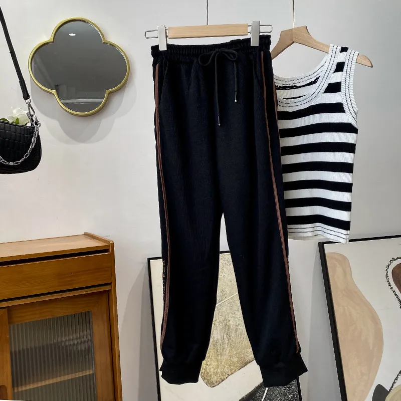 Letter Elastic Waist Straight Casual Pants - Black