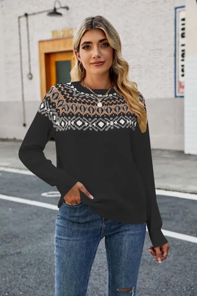 New Retro Jacquard Color Matching Sweater Black - Shop at LoveMi