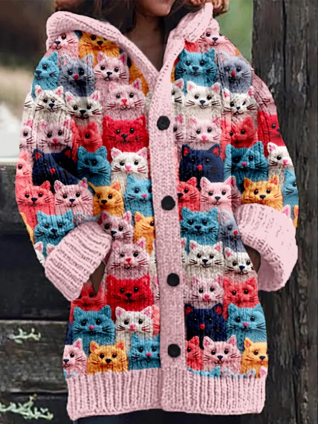 New Christmas Abstract Printed Casual Cloak Coat Pink - Shop at LoveMi