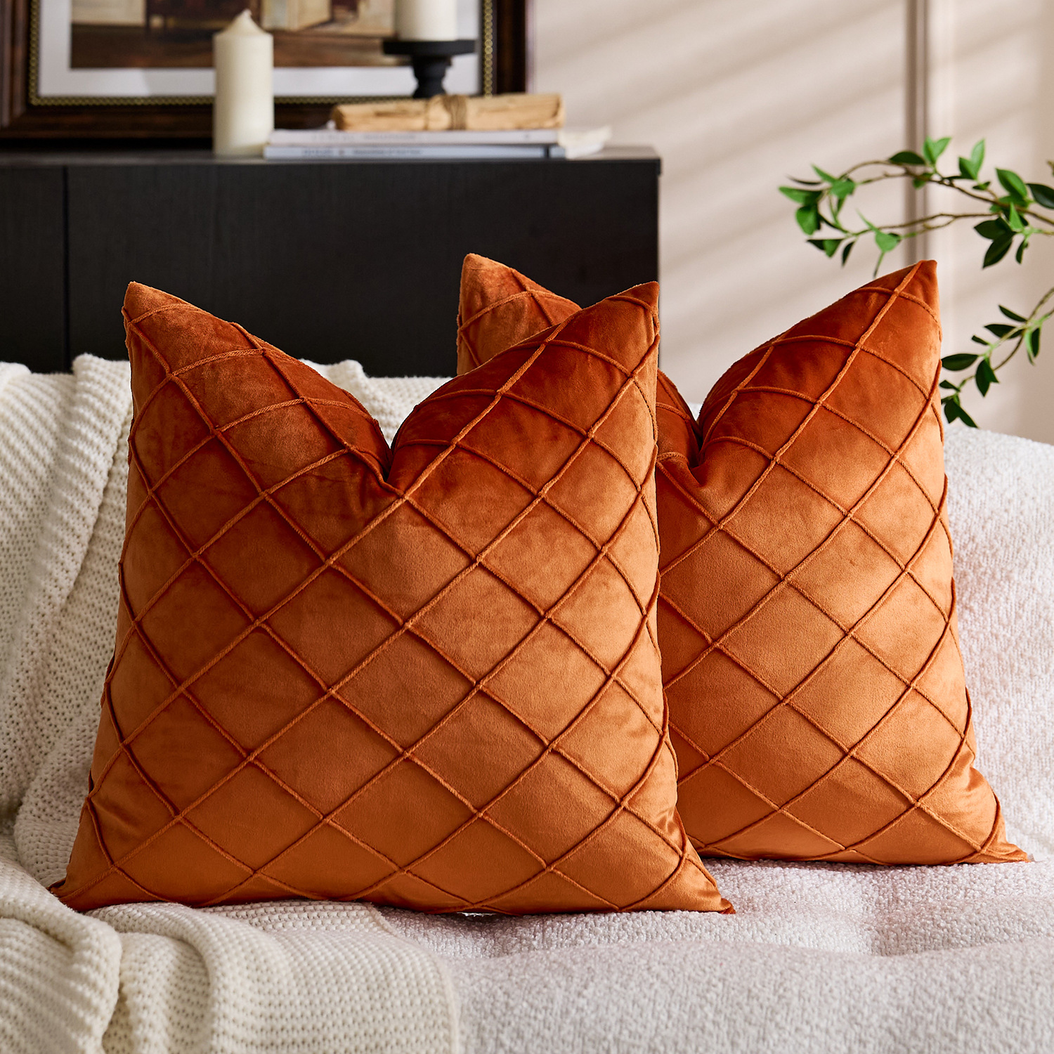 Solid Color Velvet Embroidered Plaid Pillowcase 17