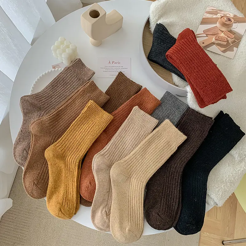 Solid-color Vertical-striped Wool Womens Socks