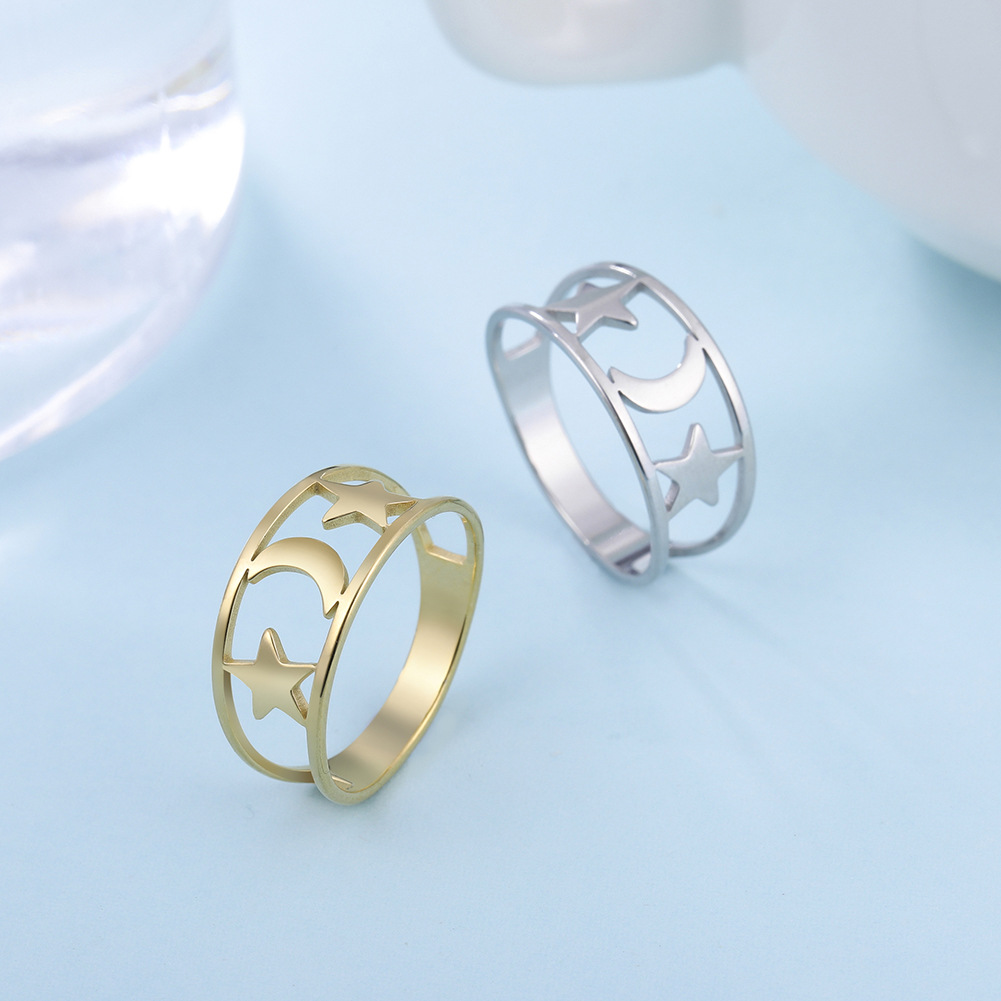Japanese And Korean-style Hollow Star And Moon Stainless Steel Ring