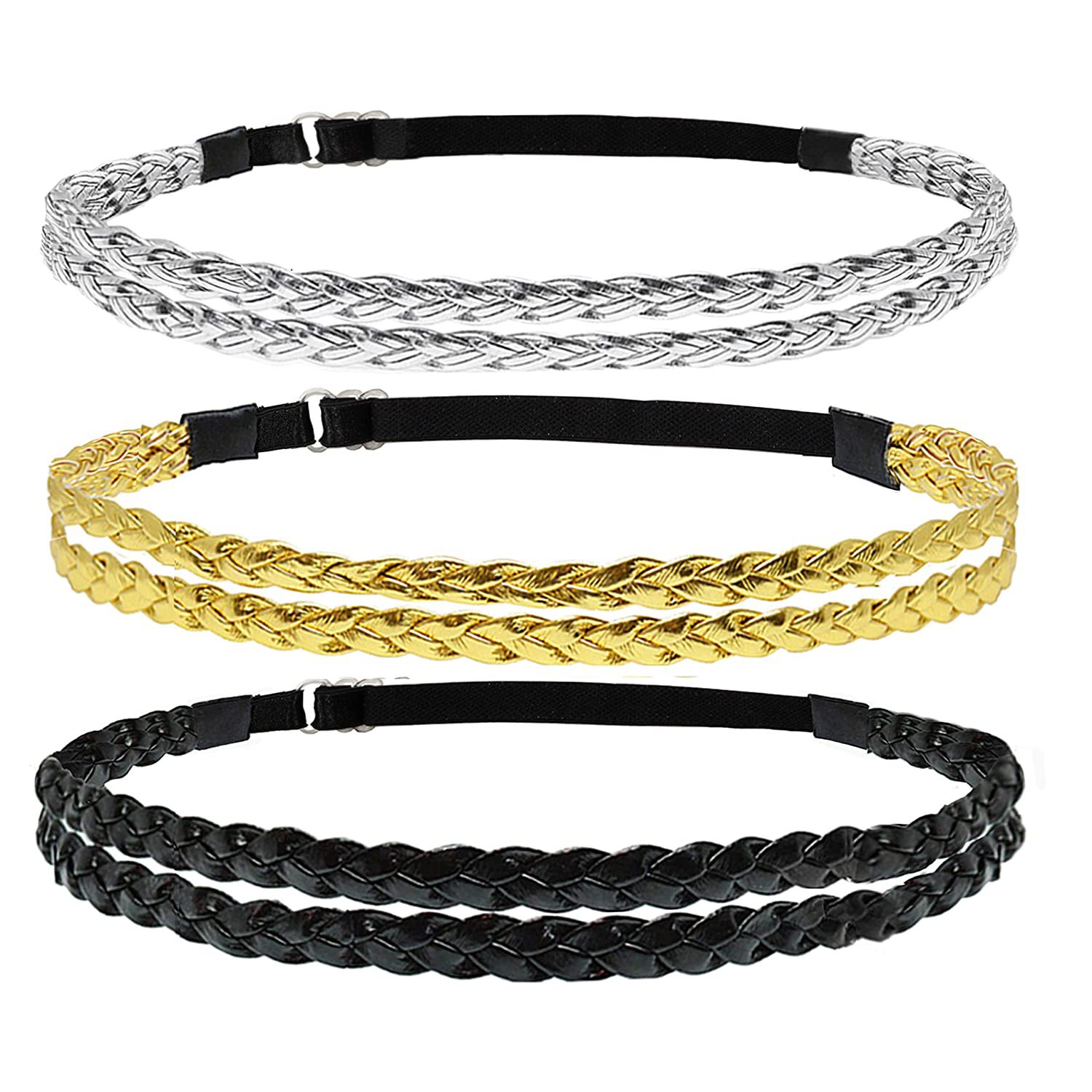Adjustable Elastic Woven Headband Three Strands Twisted Gold Silver Black - Shop at LoveMi