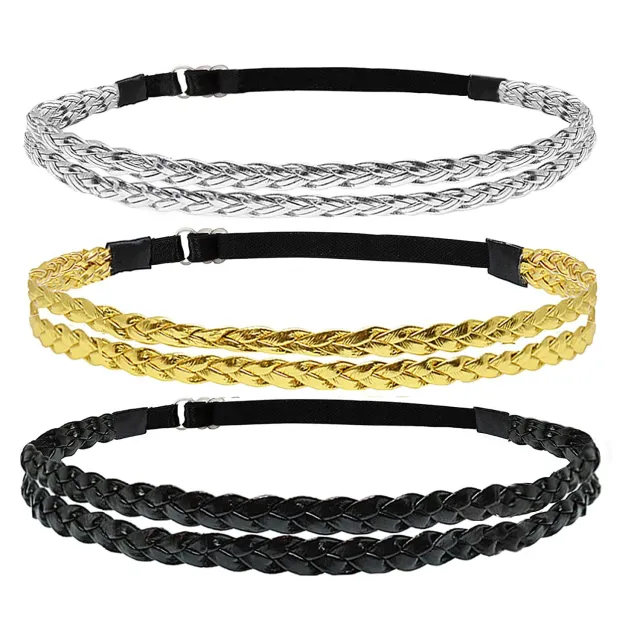 Adjustable Elastic Woven Headband Three Strands Twisted Gold Silver Black - Shop at LoveMi