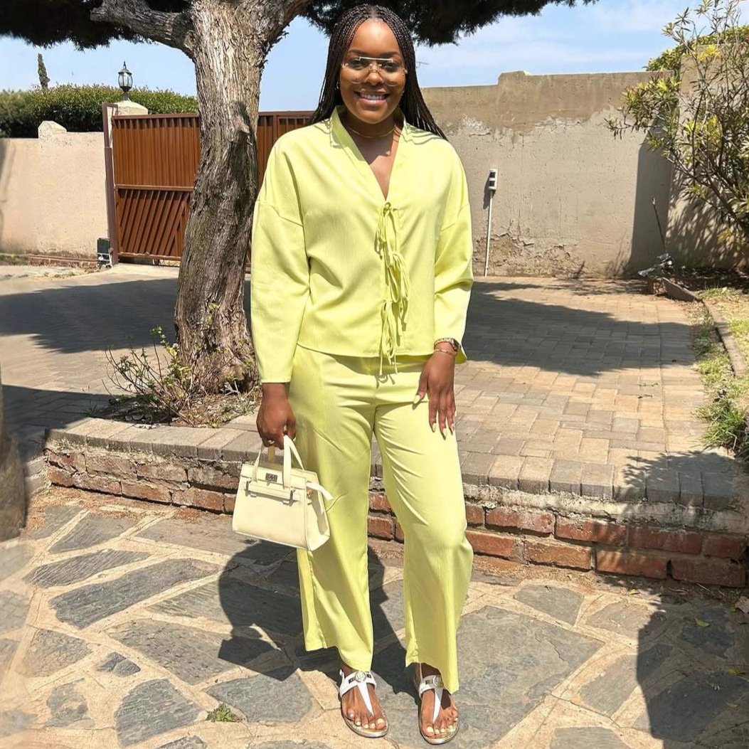 Plus-size New Arrival Solid-color Belted Top And Straight-leg Pants Set