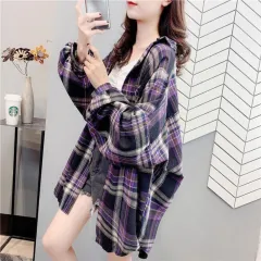 Loose-fitting Korean-style Plaid Shirt For Women - Purple - View 1