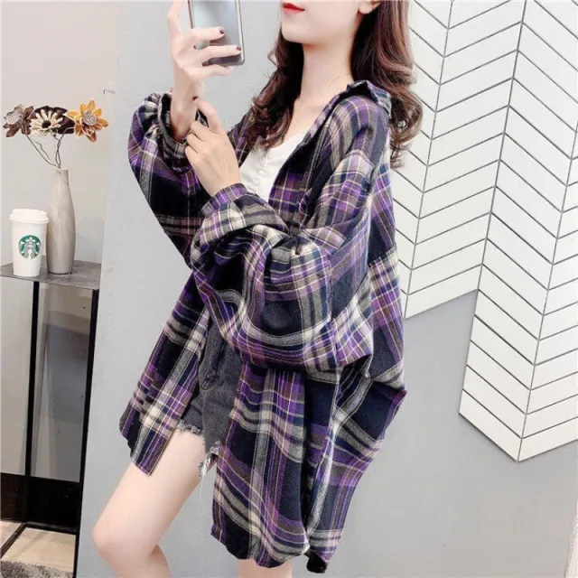 Loose fitting Korean style Plaid Shirt For Women Purple - Shop at LoveMi
