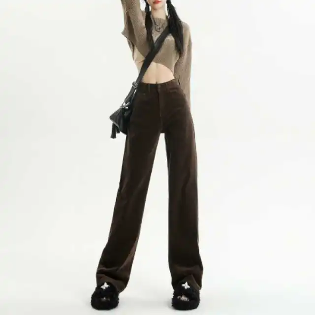 Winter Hot Coffee Brown Corduroy Wide leg Pants Women Coffee Brown Lengthened - Shop at LoveMi