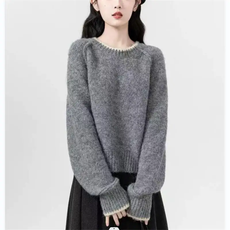 Women's Round Neck Color Block Pullover Knit Sweater