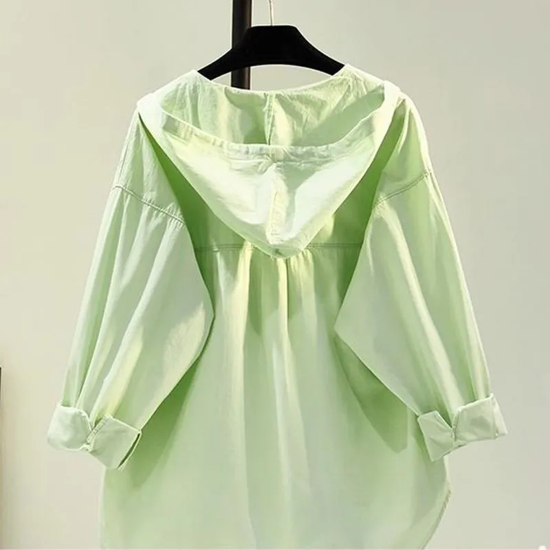 Hooded Pure Cotton Shirt Thin Women's Casual Sun-proof Coat - Green