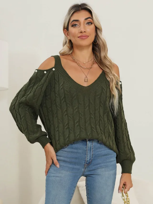 Woven Bottoming Shirt Deep V Off the shoulder Pullover Loose Sweater Army Green - Shop at LoveMi