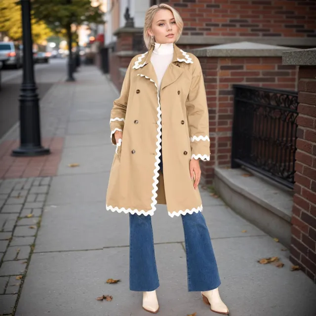 Elegant Chic White Wavy Neckline Double Breasted Coat Khaki - Shop at LoveMi
