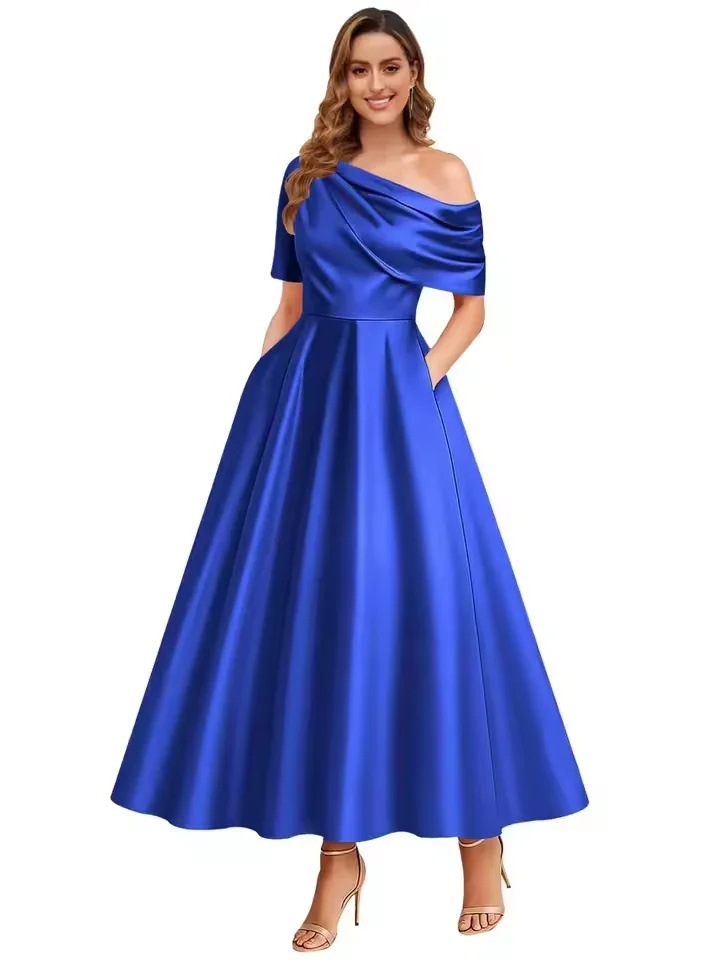 New Elegant And Sophisticated Satin Off-Shoulder Solid Color Dress 9