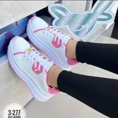 Women's Platform Shoes Lace-up White Shoes - Red - View 1