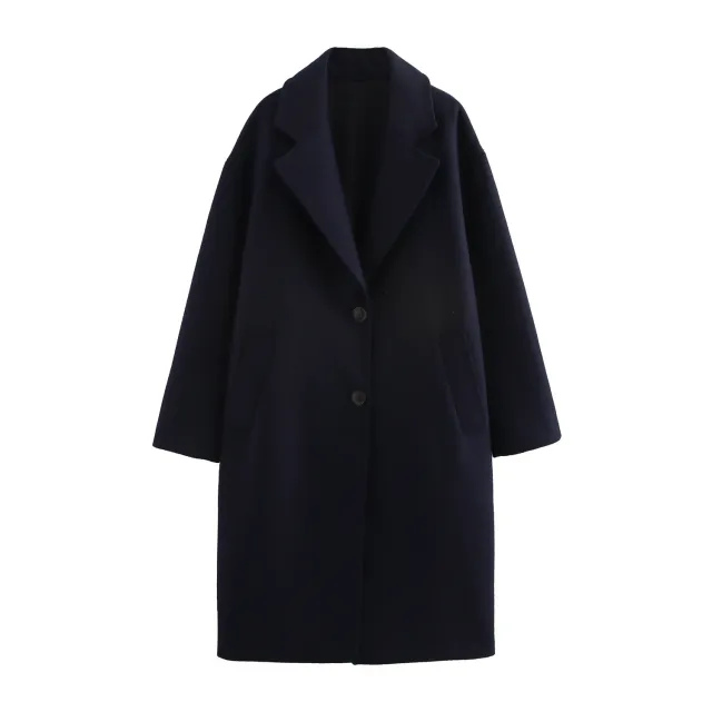 Women's Solid Color Polo Collar Baggy Coat Blue - Shop at LoveMi