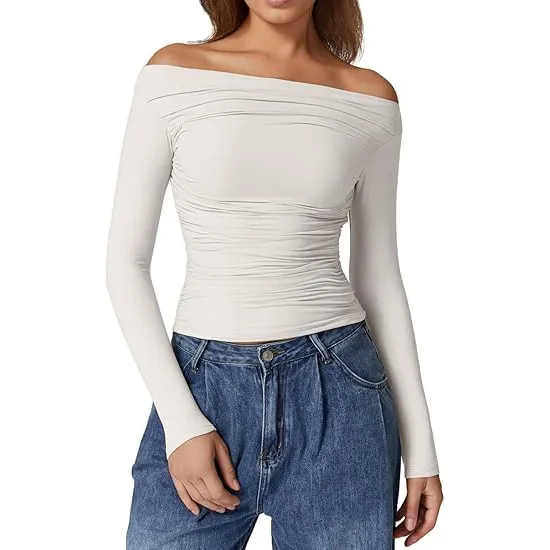 European And American Women's Clothing Top Off shoulder Long Sleeve T shirt White - Shop at LoveMi