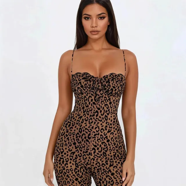 Sleeveless Leopard Print Backless Slim Fit Strap Tube Top Women's High Waist Hip Lift Jumpsuit Brown - Shop at LoveMi