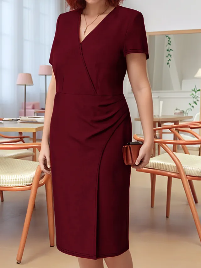 Women's Short sleeve Solid Color Plus size Dress Red - Shop at LoveMi