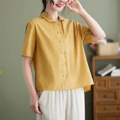Summer New Artistic Loose Solid Color Retro Short Sleeve Shirt Top Women - Yellow - View 1