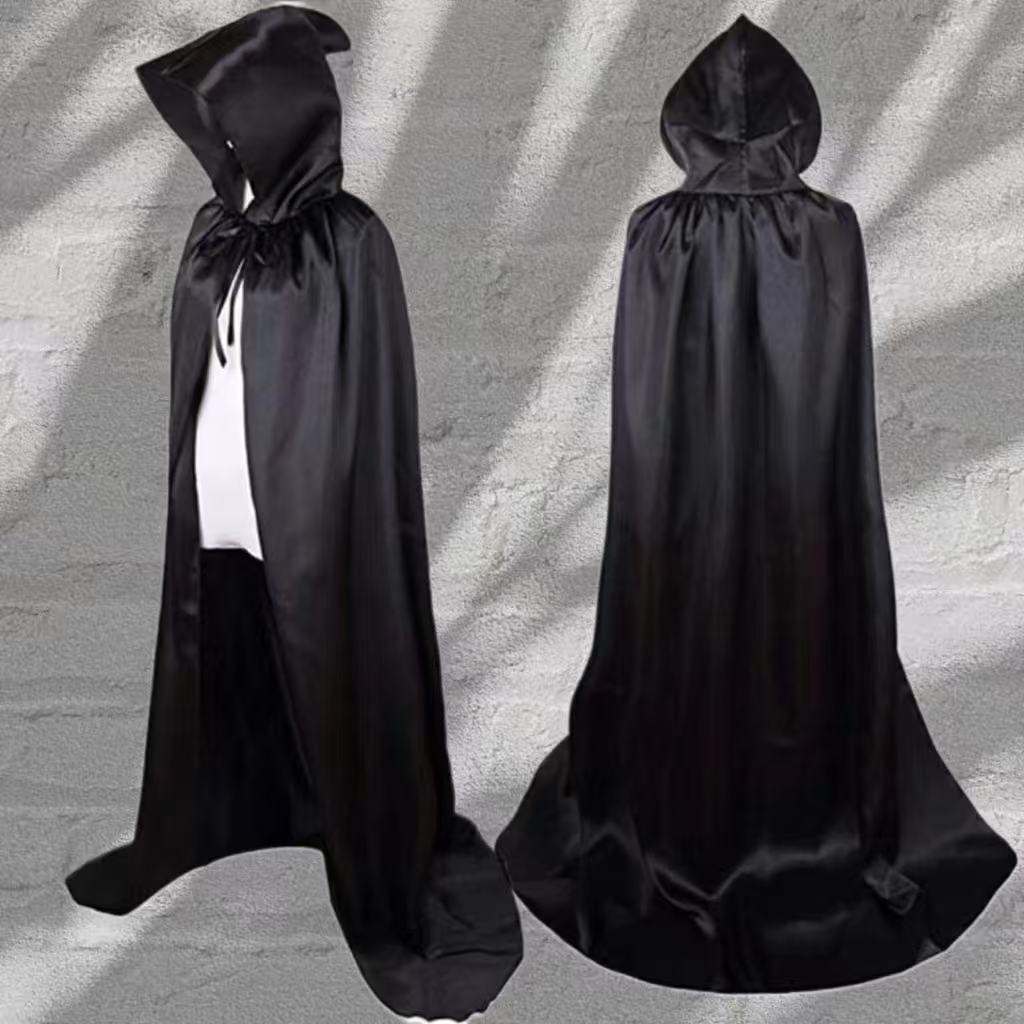 Halloween Costume Satin Black Grim Reaper Cloak Cape