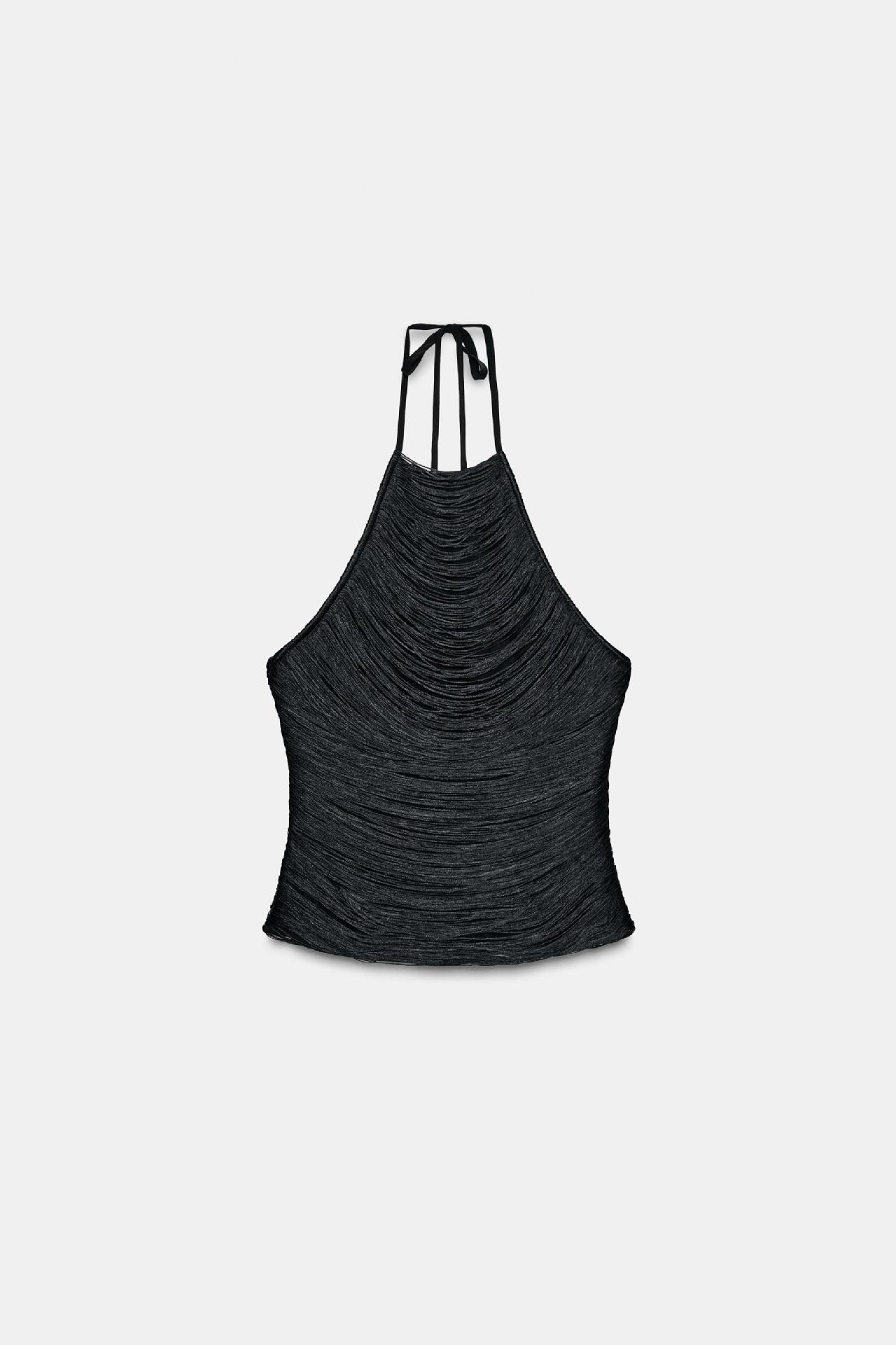 Metallic fringed French style Halter Top With Adjustable Bow Black - Shop at LoveMi