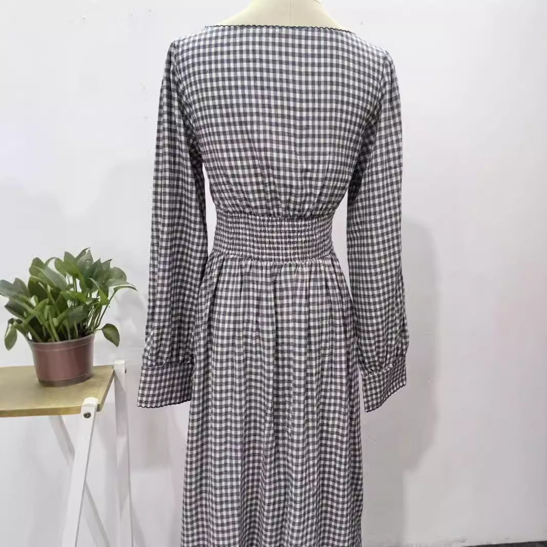 Round-neck High Waist Elegant Plaid Bottoming Long Sleeve Dress Long Dress