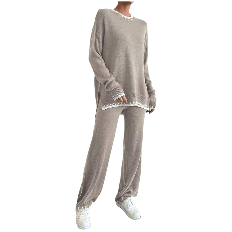 Women's Contrast Color Knitted Sweater Trousers Two-piece Set