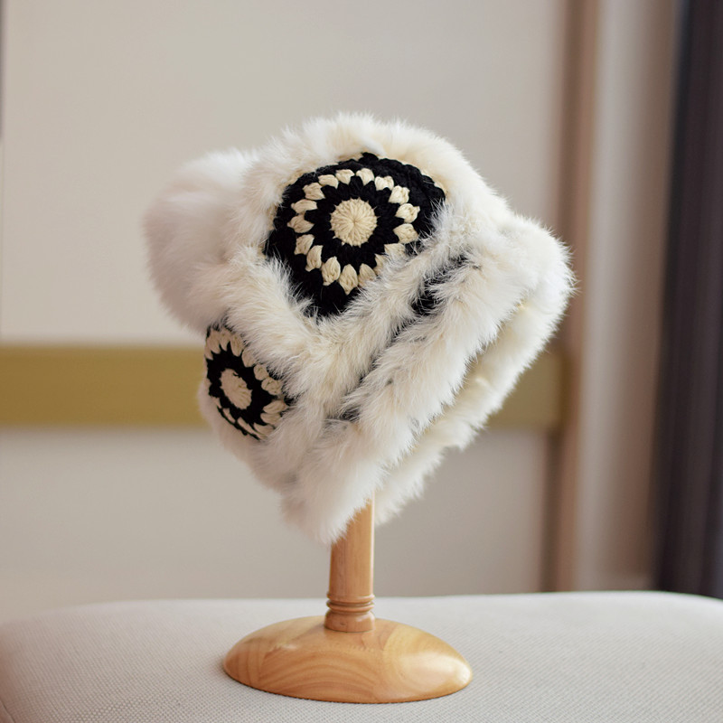 Japanese Fox Fur Ball Rabbit Fur Knitted Autumn And Winter Warm Plush Tiger Hat Black Beige - Shop at LoveMi