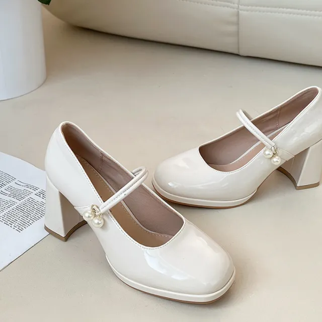 Square Toe Low cut Retro Shoes French Chunky Heel High Heels Beige - Shop at LoveMi