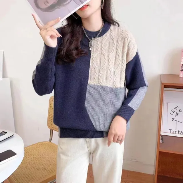 Women's Retro Fried Dough Twists Color Matching Round Neck Sweater Blue - Shop at LoveMi