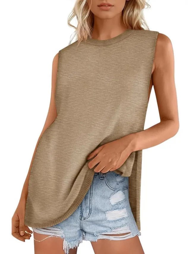 European And American Style Women Summer Vest Round Neck Sweater Casual Sleeveless Knitted Fashion Khaki - Shop at LoveMi
