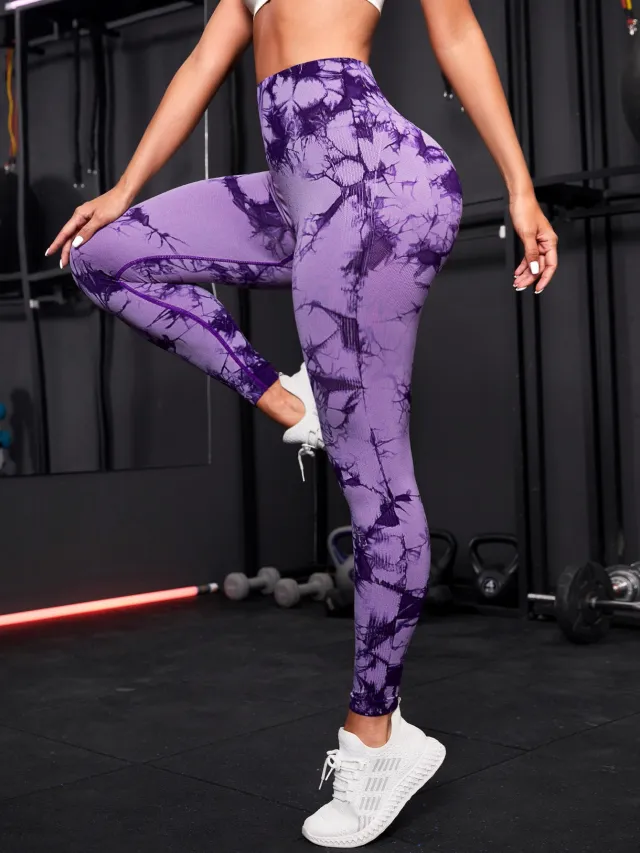 European And American Seamless Peach Yoga Trousers Tie dye High Waist Hip Lift Sports Fitness Purple Tie Purple - Shop at LoveMi